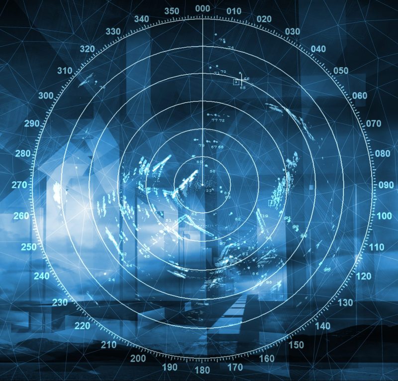 Modern ship radar digital screen above blue abstract background